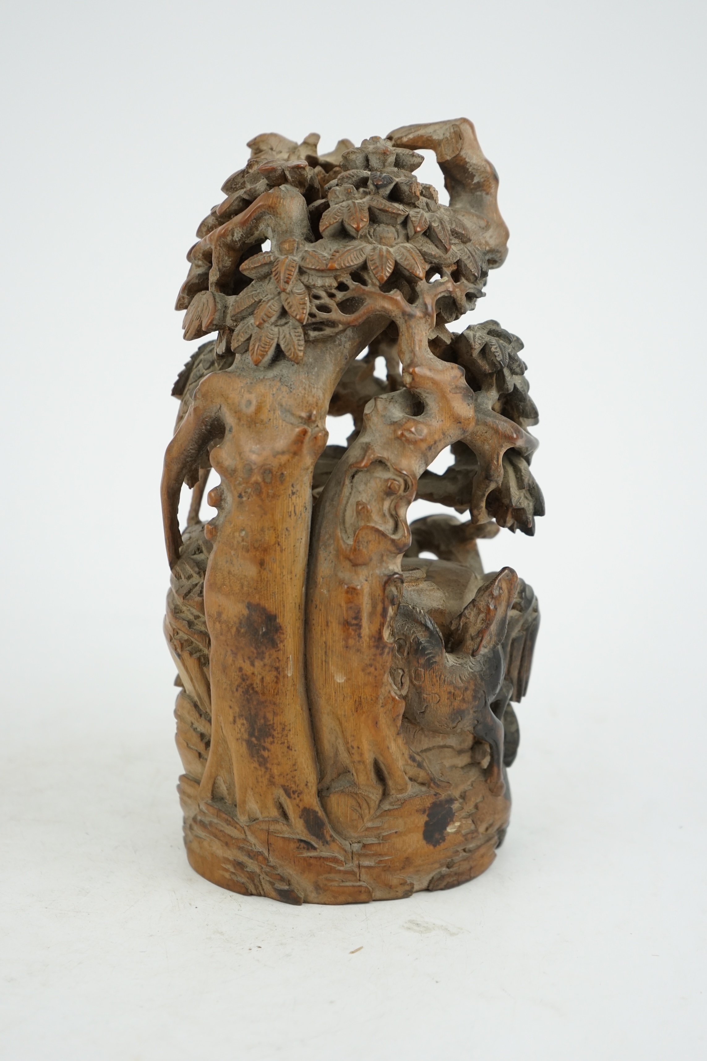 A Chinese bamboo 'crane, deer and pine' carving, 19th century, 25cm high. Condition - good